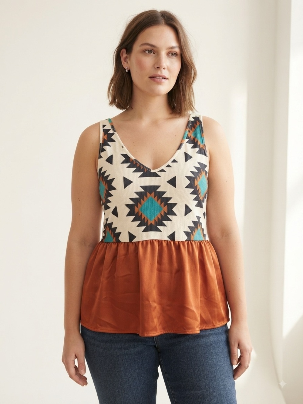 Cream Geometric V-Neck Peplum Tank Top with Rust Hem
